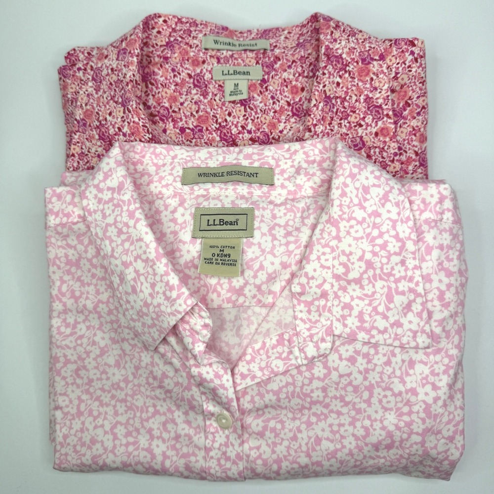 L.L. Bean Button Down Shirts Womens M Pink Floral Wrinkle Resistant Lot of 2